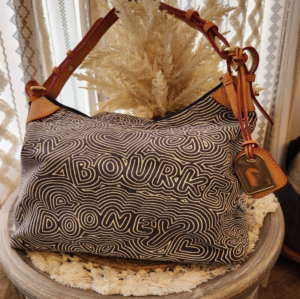 -Dooney & Bourke Hobo Logo Tapestry series trimmed in Leather EUC